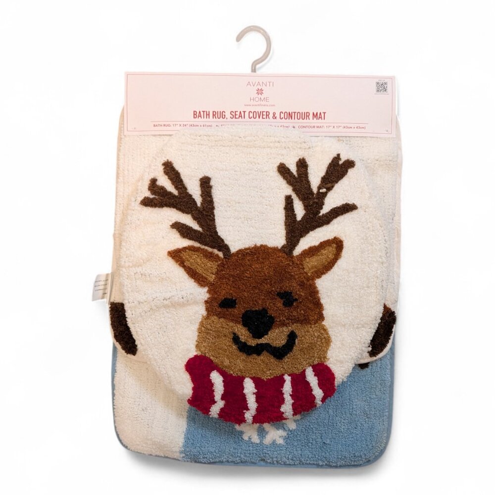 Bath Set Reindeer 3 Piece Toilet Seat Cover, Contour Rug, Accent Rug Holiday New